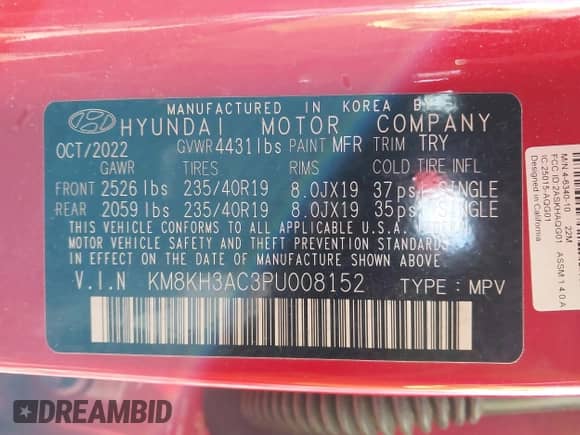 2023 Hyundai Kona with VIN KM8KH3AC3PU008152, listed as a IAAI auction lot 41946763 with 22,391 mi miles and . Bid and sale history available at DreamBid. Image 9.