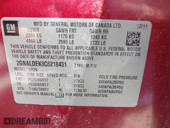 2012 Chevrolet Equinox 1LT с VIN 2GNALDEK8C6218431, выставлен на аукционе IAAI как лот 43021014 с пробегом 143 804 миль миль и . История ставок и продаж доступна на DreamBid. Изображение 9.