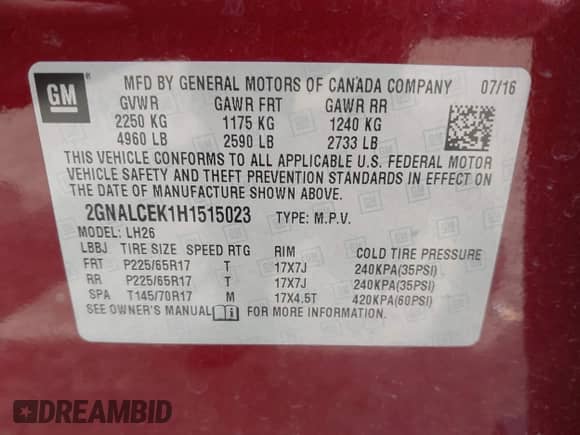 2017 Chevrolet Equinox LT z VIN 2GNALCEK1H1515023, wystawiony jako IAAI lot #42675709 z przebiegiem 53 145 mil mil oraz . Historia ofert i sprzedaży dostępna na DreamBid. Obrazek 9.