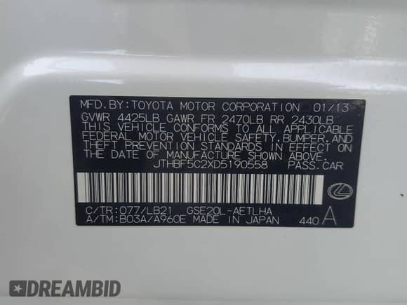 2013 Lexus IS 250 z VIN JTHBF5C2XD5190558, wystawiony jako Copart lot #82058845 z przebiegiem 168 231 mil mil oraz Szkoda całkowita • Salvage title. Historia ofert i sprzedaży dostępna na DreamBid. Obrazek 12.