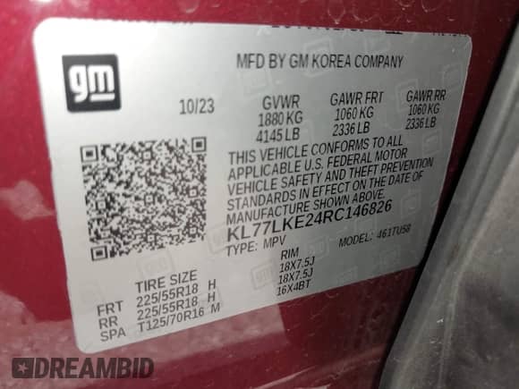 2024 Chevrolet Trax ACTIV with VIN KL77LKE24RC146826, listed as a IAAI auction lot 42515170 with 10,520 mi miles and . Bid and sale history available at DreamBid. Image 9.