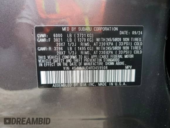 2024 Subaru Ascent Limited с VIN 4S4WMAUD4R3459508, выставлен на аукционе Copart как лот 67846515 с пробегом 5 875 миль миль и Списание • Salvage title. История ставок и продаж доступна на DreamBid. Изображение 14.