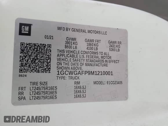 2021 Chevrolet Express Cargo with VIN 1GCWGAFP9M1210001, listed as a IAAI auction lot 42996870 with 123,044 mi miles and . Bid and sale history available at DreamBid. Image 9.