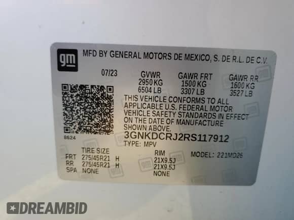 2024 Chevrolet Blazer EV eAWD RS с VIN 3GNKDCRJ2RS117912, выставлен на аукционе Copart как лот 85951254 с пробегом Не указан миль и Списание • Salvage title. История ставок и продаж доступна на DreamBid. Изображение 13.