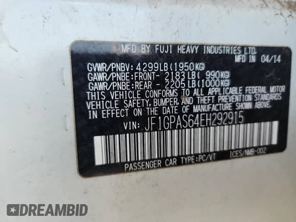 2014 Subaru Impreza Special Sports Limited with VIN JF1GPAS64EH292915, listed as a Copart auction lot 64027535 with 206,290 mi miles and Salvage title. Bid and sale history available at DreamBid. Image 12.