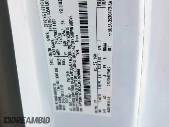 2020 Ford F-150 XL с VIN 1FTMF1CBXLKF02896, выставлен на аукционе Copart как лот 81833135 с пробегом 146 979 миль миль и Списание • Salvage title. История ставок и продаж доступна на DreamBid. Изображение 12.