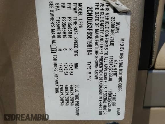 2005 Chevrolet Equinox LT с VIN 2CNDL63F656198184, выставлен на аукционе Copart как лот 74918704 с пробегом 159 174 миль миль и Списание • Salvage title. История ставок и продаж доступна на DreamBid. Изображение 13.