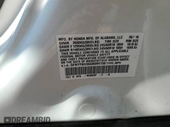 2016 Honda Pilot EX with VIN 5FNYF6H36GB094156, listed as a Copart auction lot 64413755 with 142,286 mi miles and Salvage title. Bid and sale history available at DreamBid. Image 13.