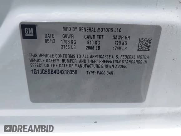 2013 Chevrolet Sonic LT с VIN 1G1JC5SB4D4218358, выставлен на аукционе IAAI как лот 42321128 с пробегом 212 522 миль миль и . История ставок и продаж доступна на DreamBid. Изображение 9.