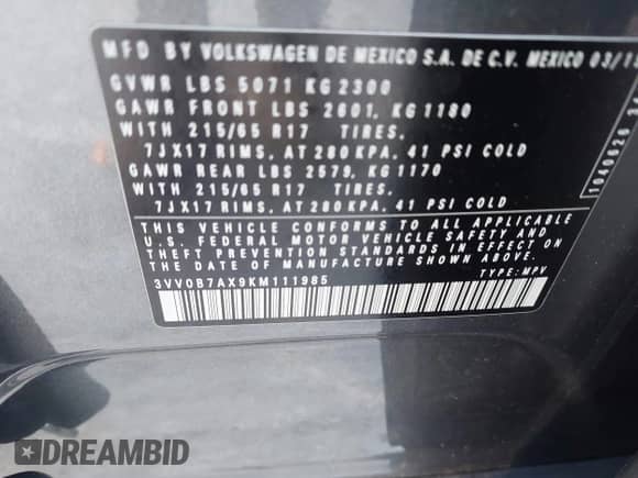 2019 Volkswagen Tiguan S с VIN 3VV0B7AX9KM111985, выставлен на аукционе IAAI как лот 42429957 с пробегом 88 015 миль миль и . История ставок и продаж доступна на DreamBid. Изображение 9.