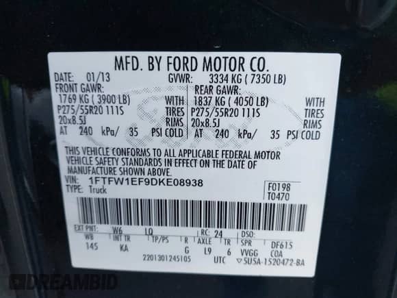 2013 Ford F-150 XL with VIN 1FTFW1EF9DKE08938, listed as a IAAI auction lot 43392604 with 166,881 mi miles and . Bid and sale history available at DreamBid. Image 9.