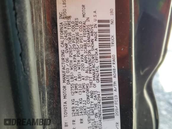 2006 Toyota Tacoma с VIN 5TEUU42N06Z242947, выставлен на аукционе Copart как лот 81243935 с пробегом 72 666 миль миль и Списание • Salvage title. История ставок и продаж доступна на DreamBid. Изображение 12.