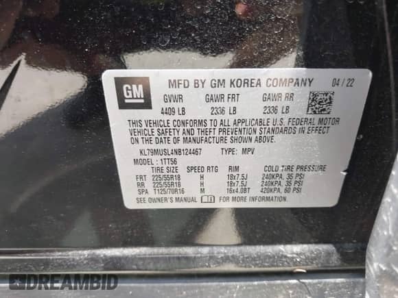 2022 Chevrolet TrailBlazer RS z VIN KL79MUSL4NB124467, wystawiony jako IAAI lot #42653016 z przebiegiem 37 941 mil mil oraz . Historia ofert i sprzedaży dostępna na DreamBid. Obrazek 9.