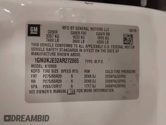 2010 Chevrolet Suburban LT z VIN 1GNUKJE32AR272865, wystawiony jako IAAI lot #43260380 z przebiegiem 167 294 mil mil oraz . Historia ofert i sprzedaży dostępna na DreamBid. Obrazek 9.