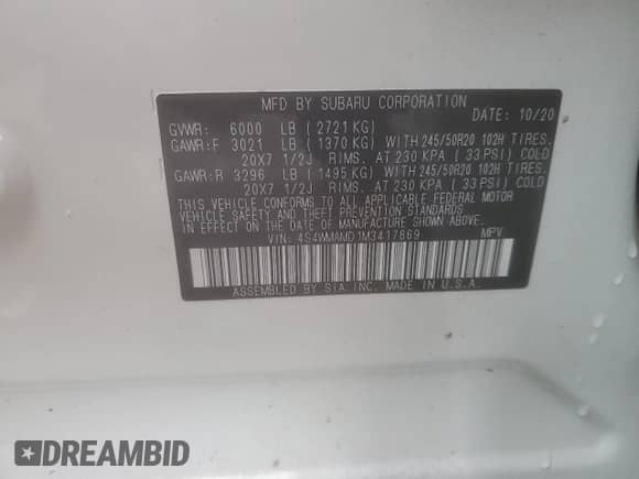 2021 Subaru Ascent Limited with VIN 4S4WMAMD1M3417869, listed as a Copart auction lot 40167364 with 34,285 mi miles and Salvage title. Bid and sale history available at DreamBid. Image 14.