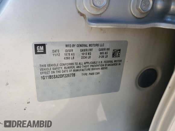 2013 Chevrolet Malibu LS с VIN 1G11B5SA2DF226778, выставлен на аукционе Copart как лот 85264905 с пробегом 80 200 миль миль и Списание • Salvage title. История ставок и продаж доступна на DreamBid. Изображение 12.