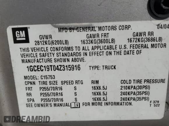 2004 Chevrolet Silverado 1500 LS with VIN 1GCEC19T04Z315916, listed as a Copart auction lot 83952335 with Not provided miles and Salvage title. Bid and sale history available at DreamBid. Image 12.