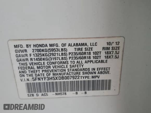 2013 Honda Pilot EX-L z VIN 5FNYF3H5XDB007922, wystawiony jako Copart lot #71116375 z przebiegiem 174 928 mil mil oraz Szkoda całkowita • Salvage title. Historia ofert i sprzedaży dostępna na DreamBid. Obrazek 13.