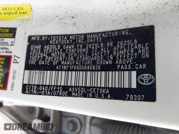 2013 Toyota Camry L with VIN 4T1BF1FK6DU680826, listed as a IAAI auction lot 43402544 with 279,318 mi miles and . Bid and sale history available at DreamBid. Image 9.