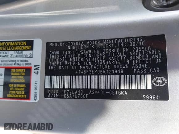 2011 Toyota Camry LE with VIN 4T4BF3EK0BR121918, listed as a IAAI auction lot 42991644 with 115,491 mi miles and . Bid and sale history available at DreamBid. Image 9.