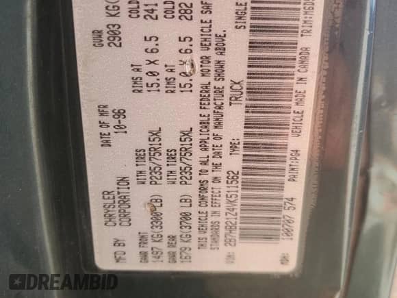 1997 Dodge RAM with VIN 2B7HB21Z4VK511562, listed as a Copart auction lot 47086325 with 213,273 mi miles and Salvage title. Bid and sale history available at DreamBid. Image 13.