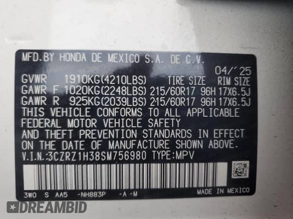 2025 Honda HR-V LX с VIN 3CZRZ1H38SM756980, выставлен на аукционе Copart как лот 81060465 с пробегом Не указан миль и Списание • Salvage title. История ставок и продаж доступна на DreamBid. Изображение 14.