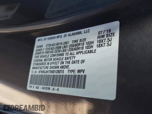 2019 Honda Odyssey EX-L с VIN 5FNRL6H75KB128015, выставлен на аукционе IAAI как лот 43161750 с пробегом Не указан миль и . История ставок и продаж доступна на DreamBid. Изображение 9.