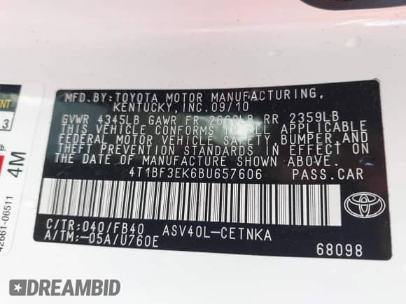 2011 Toyota Camry LE z VIN 4T1BF3EK6BU657606, wystawiony jako IAAI lot #43378610 z przebiegiem Nie podano mil oraz . Historia ofert i sprzedaży dostępna na DreamBid. Obrazek 9.