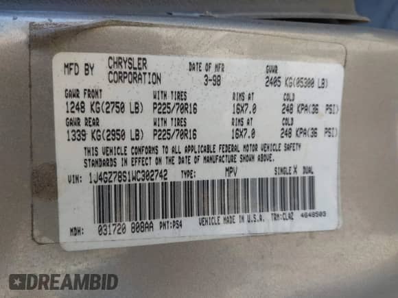 1998 Jeep Grand Cherokee Limited z VIN 1J4GZ78S1WC302742, wystawiony jako IAAI lot #43024107 z przebiegiem 155 196 mil mil oraz . Historia ofert i sprzedaży dostępna na DreamBid. Obrazek 9.