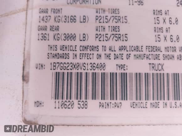 1997 Dodge Dakota z VIN 1B7GG23X0VS136400, wystawiony jako IAAI lot #41642514 z przebiegiem 223 696 mil mil oraz . Historia ofert i sprzedaży dostępna na DreamBid. Obrazek 9.