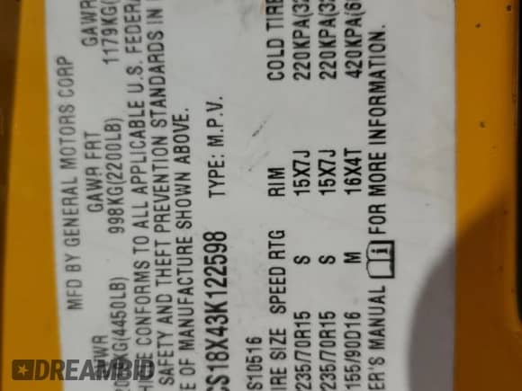 2003 Chevrolet Blazer Xtreme with VIN 1GNCS18X43K122598, listed as a Copart auction lot 60645075 with Not provided miles and Salvage title. Bid and sale history available at DreamBid. Image 13.