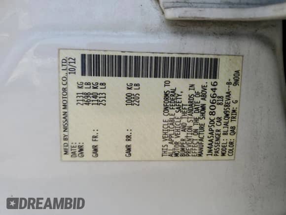 2013 Nissan Maxima S with VIN 1N4AA5AP5DC806646, listed as a Copart auction lot 60169535 with 209,342 mi miles and Clean title. Bid and sale history available at DreamBid. Image 12.