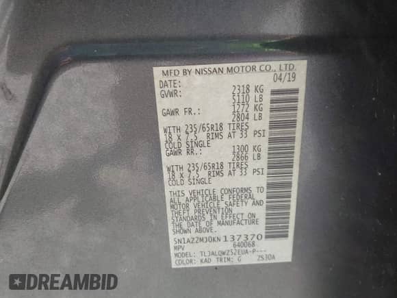 2019 Nissan Murano SL with VIN 5N1AZ2MJ0KN137370, listed as a IAAI auction lot 43336043 with 90,981 mi miles and . Bid and sale history available at DreamBid. Image 9.