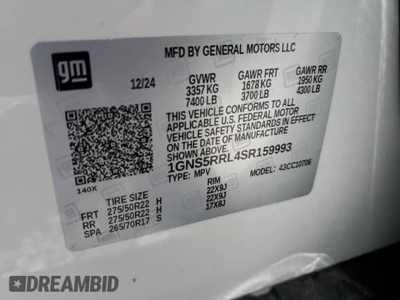2025 Chevrolet Tahoe с VIN 1GNS5RRL4SR159993, выставлен на аукционе Copart как лот 61475685 с пробегом 5 408 миль миль и Списание • Salvage title. История ставок и продаж доступна на DreamBid. Изображение 14.