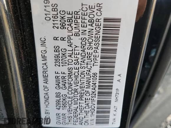 2019 Honda Accord EX-L z VIN 1HGCV1F52KA041056, wystawiony jako Copart lot #86512735 z przebiegiem Nie podano mil oraz Szkoda całkowita • Salvage title. Historia ofert i sprzedaży dostępna na DreamBid. Obrazek 12.