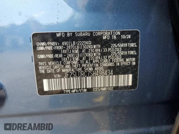 2025 Subaru Forester Limited с VIN JF2SLDRC7SH498434, выставлен на аукционе Copart как лот 87392135 с пробегом 7 387 миль миль и Списание • Salvage title. История ставок и продаж доступна на DreamBid. Изображение 12.