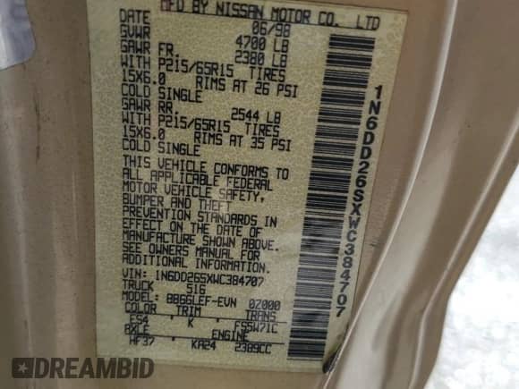 1998 Nissan Frontier XE с VIN 1N6DD26SXWC384707, выставлен на аукционе Copart как лот 62218635 с пробегом Не указан миль и Списание • Salvage title. История ставок и продаж доступна на DreamBid. Изображение 12.