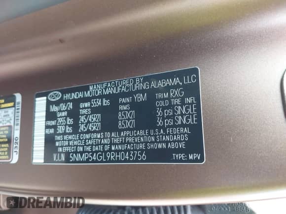 2024 Hyundai Santa Fe Calligraphy с VIN 5NMP54GL9RH043756, выставлен на аукционе IAAI как лот 42838605 с пробегом 20 117 миль миль и . История ставок и продаж доступна на DreamBid. Изображение 9.