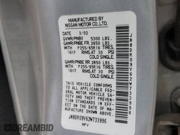 2002 Nissan Pathfinder SE with VIN JN8DR09Y62W733996, listed as a Copart auction lot 71295015 with 136,176 mi miles and Clean title. Bid and sale history available at DreamBid. Image 13.