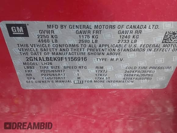 2015 Chevrolet Equinox LT with VIN 2GNALBEK9F1156916, listed as a IAAI auction lot 43080524 with 240,120 mi miles and . Bid and sale history available at DreamBid. Image 9.