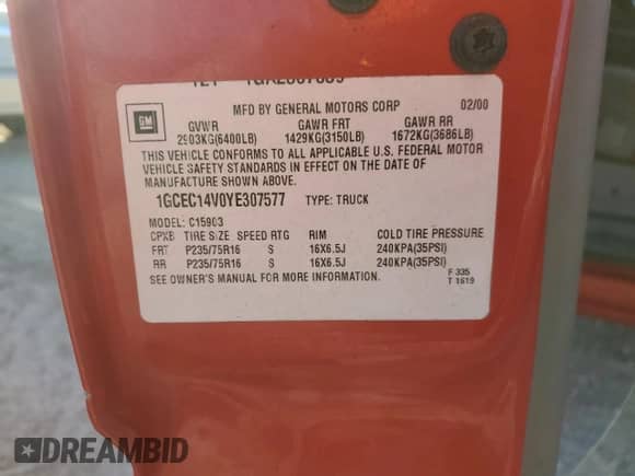 2000 Chevrolet Silverado 1500 LS with VIN 1GCEC14V0YE307577, listed as a Copart auction lot 78489244 with Not provided miles and Non repairable. Bid and sale history available at DreamBid. Image 13.