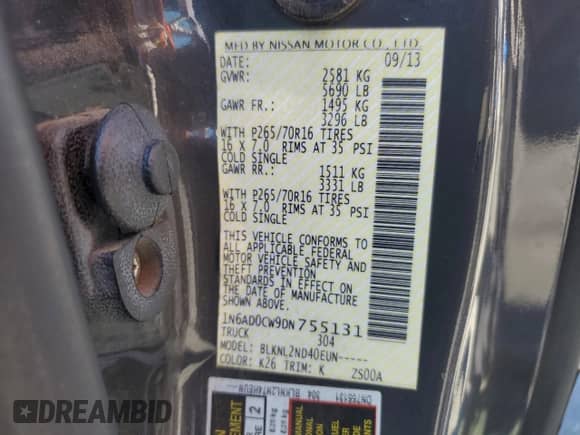 2013 Nissan Frontier SV with VIN 1N6AD0CW9DN755131, listed as a Copart auction lot 72019035 with Not provided miles and Salvage title. Bid and sale history available at DreamBid. Image 12.