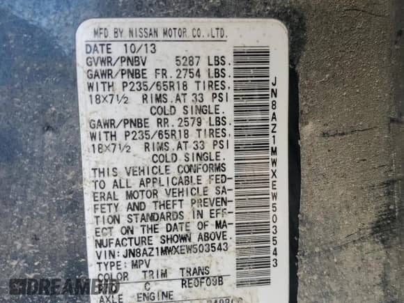 2014 Nissan Murano S with VIN JN8AZ1MWXEW503543, listed as a Copart auction lot 54894145 with 205,898 mi miles and Salvage title. Bid and sale history available at DreamBid. Image 13.