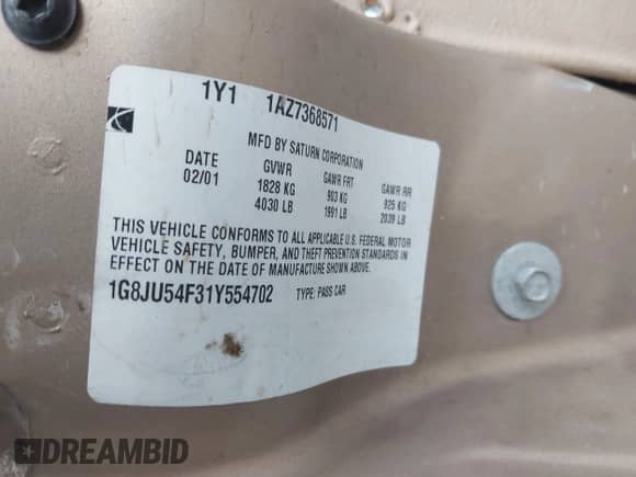 2001 Saturn LS z VIN 1G8JU54F31Y554702, wystawiony jako IAAI lot #43423433 z przebiegiem Nie podano mil oraz . Historia ofert i sprzedaży dostępna na DreamBid. Obrazek 9.