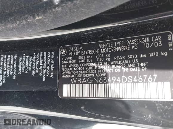 2004 BMW 7 Series 745Li with VIN WBAGN63494DS46767, listed as a IAAI auction lot 42838773 with 185,396 mi miles and . Bid and sale history available at DreamBid. Image 9.
