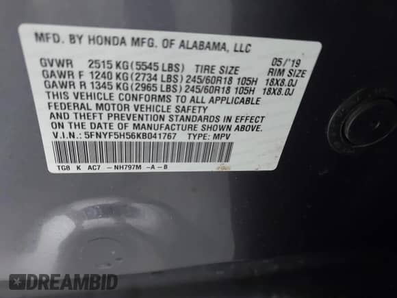 2019 Honda Pilot EX-L with VIN 5FNYF5H56KB041767, listed as a IAAI auction lot 42948153 with 162,074 mi miles and . Bid and sale history available at DreamBid. Image 9.