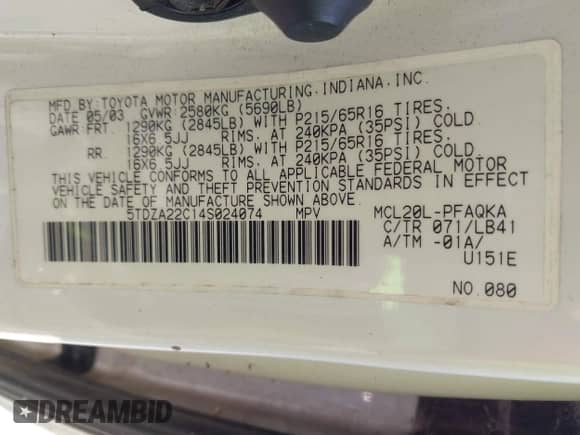 2004 Toyota Sienna XLE z VIN 5TDZA22C14S024074, wystawiony jako IAAI lot #43291649 z przebiegiem 274 503 mil mil oraz . Historia ofert i sprzedaży dostępna na DreamBid. Obrazek 9.