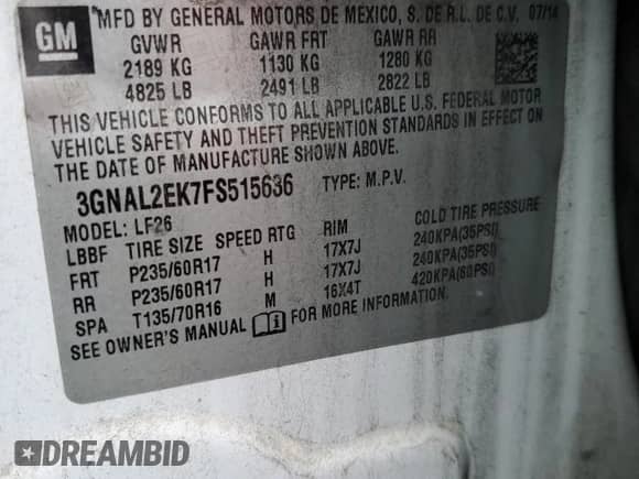 2015 Chevrolet Captiva Sport LS with VIN 3GNAL2EK7FS515636, listed as a Copart auction lot 81884685 with 129,827 mi miles and Salvage title. Bid and sale history available at DreamBid. Image 13.
