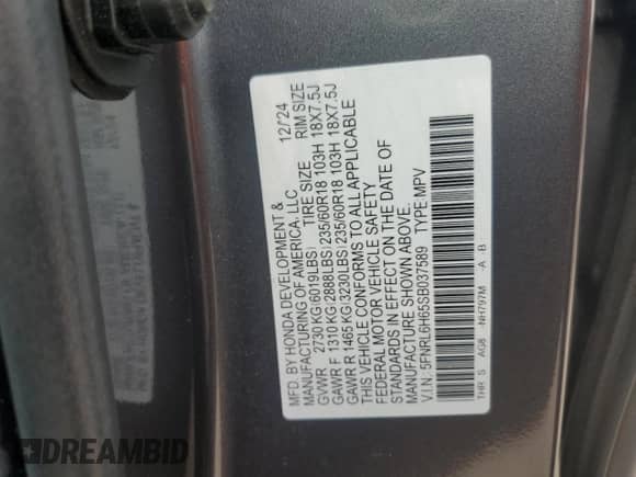 2025 Honda Odyssey EX-L with VIN 5FNRL6H65SB037589, listed as a Copart auction lot 80814375 with 7,840 mi miles and Salvage title. Bid and sale history available at DreamBid. Image 13.