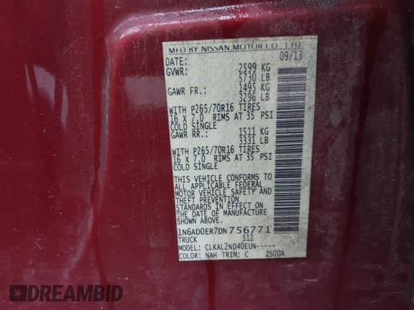 2013 Nissan Frontier SV with VIN 1N6AD0ER7DN756771, listed as a IAAI auction lot 41342273 with 123,953 mi miles and . Bid and sale history available at DreamBid. Image 9.